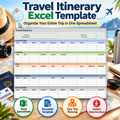 Travel Itinerary Excel Spreadsheet Template | Trip Planner for Flights, Hotels, Car Rentals & Meetings
