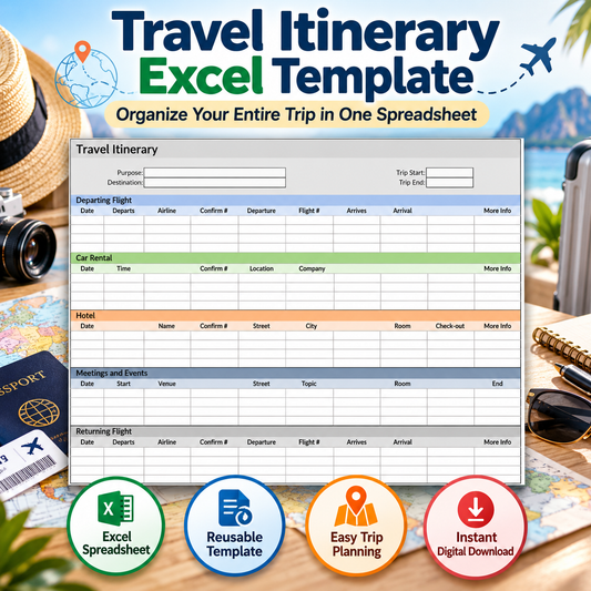 Travel Itinerary Excel Spreadsheet Template | Trip Planner for Flights, Hotels, Car Rentals & Meetings