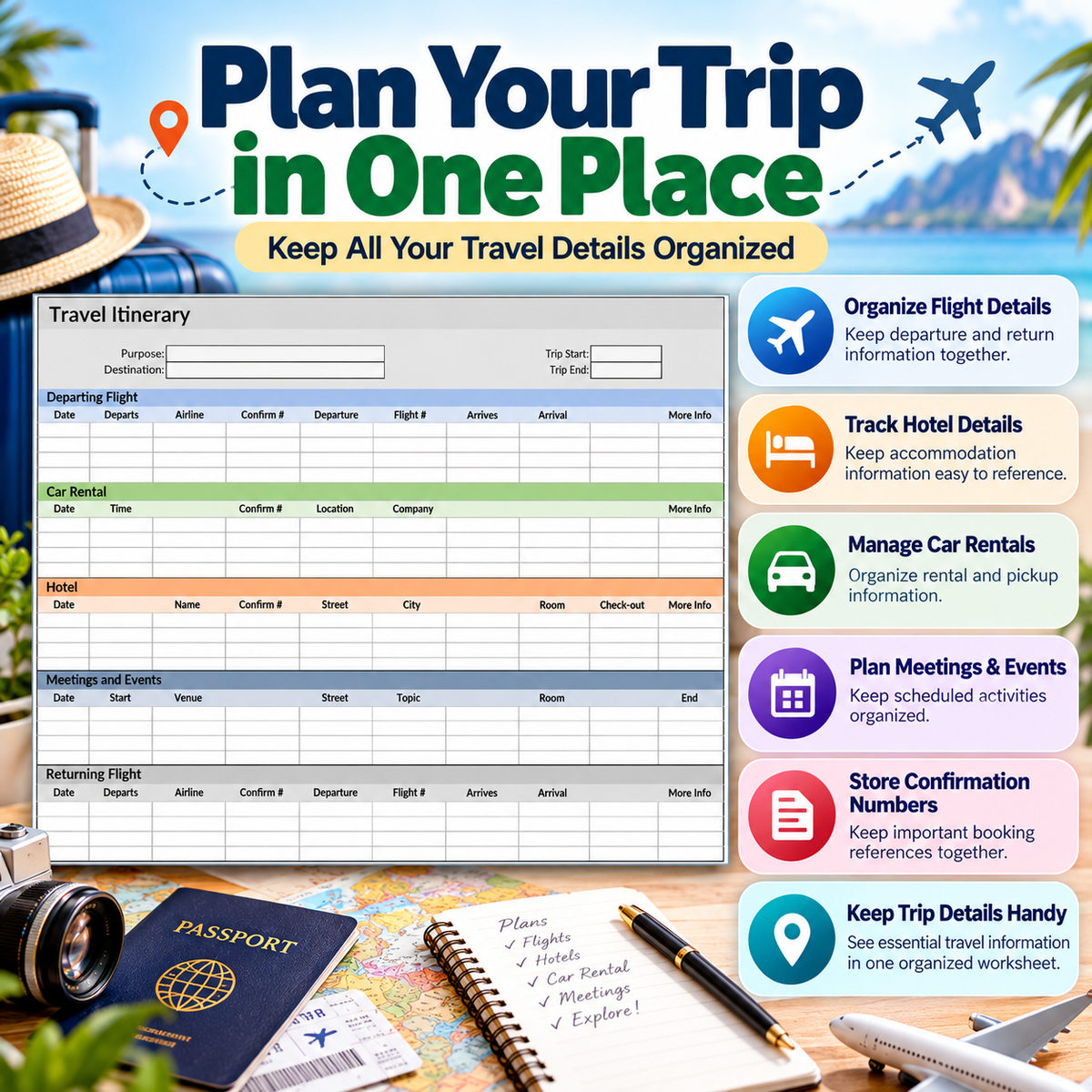 Travel Itinerary Excel Spreadsheet Template | Trip Planner for Flights, Hotels, Car Rentals & Meetings
