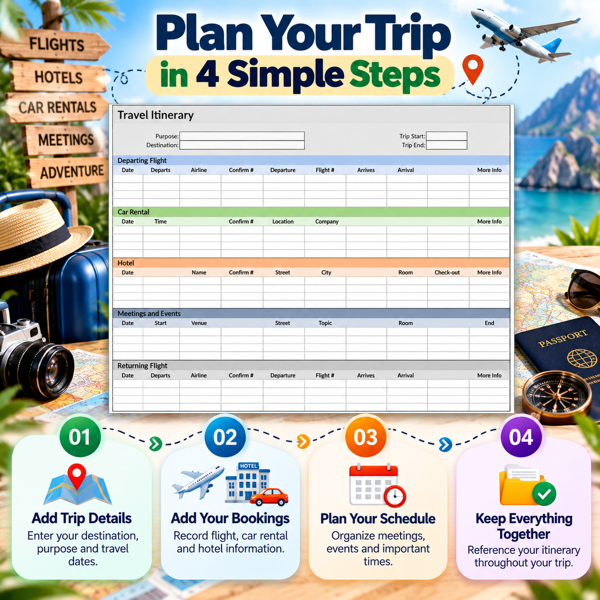 Travel Itinerary Excel Spreadsheet Template | Trip Planner for Flights, Hotels, Car Rentals & Meetings