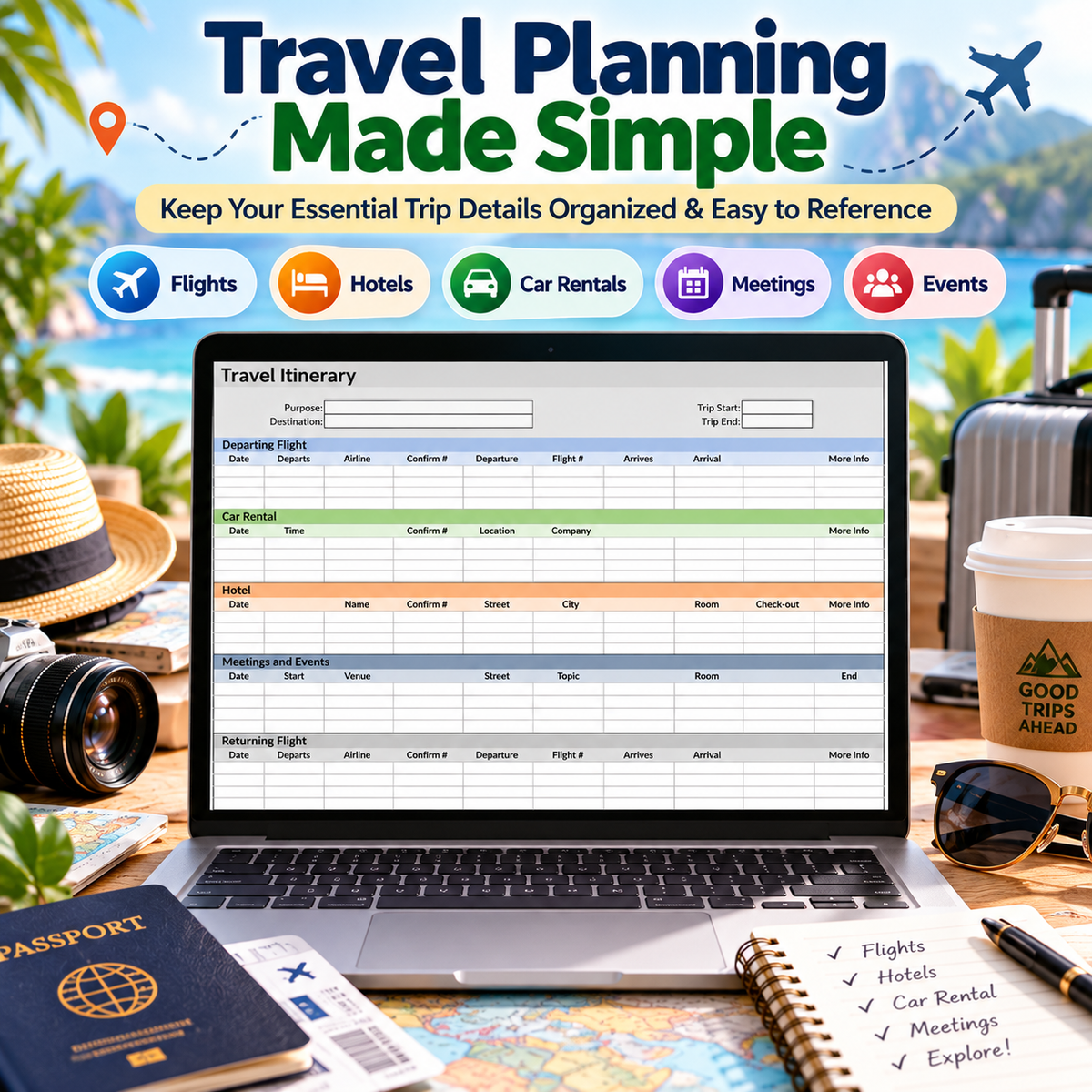 Travel Itinerary Excel Spreadsheet Template | Trip Planner for Flights, Hotels, Car Rentals & Meetings