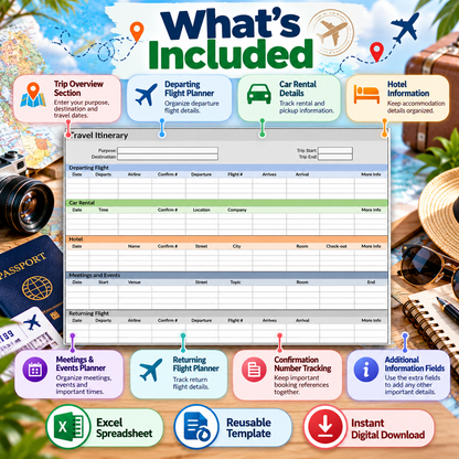 Travel Itinerary Excel Spreadsheet Template | Trip Planner for Flights, Hotels, Car Rentals & Meetings